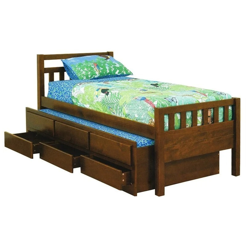 Kruz Wooden Captain Bed with Trundle & Storage Drawers, Single, Walnut